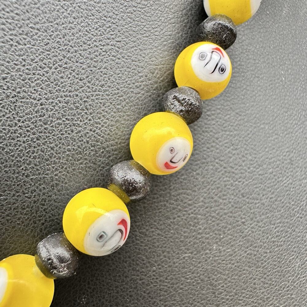 Vintage Glass Face Bead Necklace Yellow Black Art Pendant Faces Venetian Style